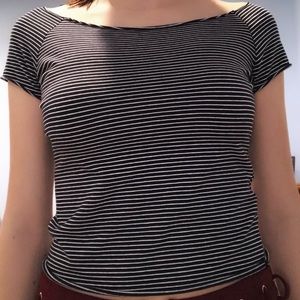 navy blue and white striped off the shoulder top